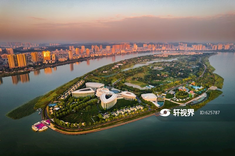 航拍日出时分的四川遂宁涪江上圣莲岛风景 图片 | 轩视界