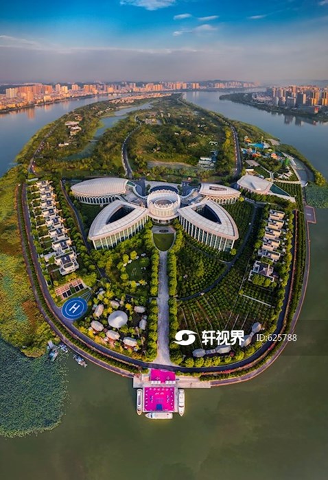 航拍日出时分的四川遂宁涪江上圣莲岛风景 图片 | 轩视界